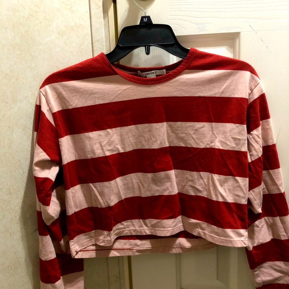 Rusty red and pink striped crop top long sleeve